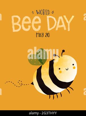 World Bee Day greeting card illustration of funny bumblebee cartoon character in hand drawn style. Eco friendly animal protection holiday event backgr Stock Vector