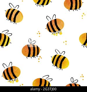 Bee watercolor doodle cartoon seamless pattern illustration with abstract bumblebee insect on isolated white backdrop. Childish hand drawn bees backgr Stock Vector