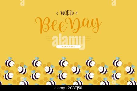 World Bee Day web template illustration of cute bumblebee swarm in funny children cartoon style. Eco friendly holiday event design with copy space. Stock Vector