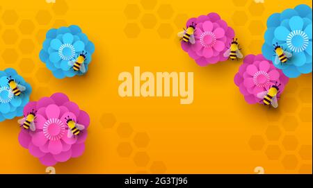 Floral spring illustration background of paper cut flowers and bee insects in modern 3d papercut style. Empty copy space template for season event or Stock Vector