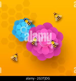 Floral spring illustration background of paper cut flowers and bee insects in modern 3d papercut style for season event or animal conservation. Stock Vector
