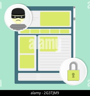 Website and circular icons of a thief and a padlock. Web Security and hackers. Stock Vector