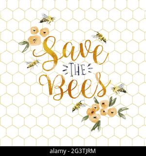 Save the bees text quote illustration of hand drawn bee insects with yellow spring flower decoration. Eco friendly holiday event design for bumblebee Stock Vector
