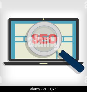 Magnifying glass focusing on the word 'seo' representing the optimization of websites in a laptop Stock Vector