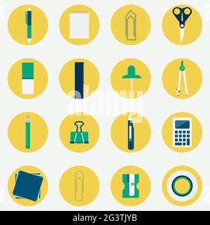 Circular and colorful icons of several office supplies as scissors, pencil, pen, compass, stiletto, calculator, ruler, masking tape, paper clips, penc Stock Vector