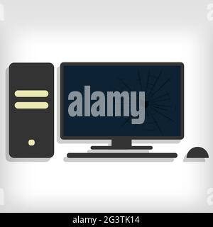 Broken pc monitor. Gray background. Editable. Stock Vector