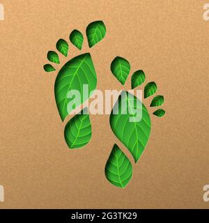Green paper cut human foot print with plant leaf texture inside. Realistic 3d papercut illustration concept for nature care on recycled material backg Stock Vector