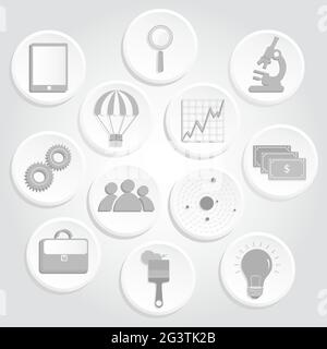 Circular icons of business and science like mobile, microscope, gear, brush, magnifying glass, executive briefcase, money Stock Vector
