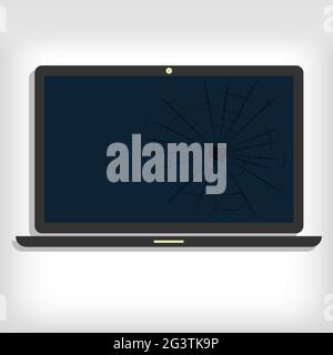 Broken laptop monitor. Gray background. Editable. Stock Vector
