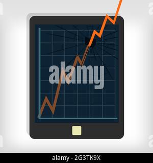 Growth chart breaking tablet monitor. Gray background. Editable. Stock Vector