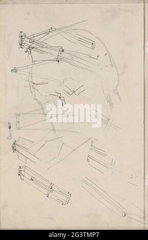 Studies. Possible beams and hinges. Leaf 10 Verso from a sketchbook with 23 sheets. Stock Photo