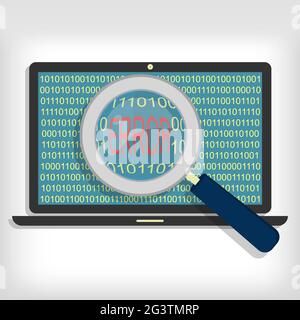 Magnifying glass showing error code on laptop Stock Vector