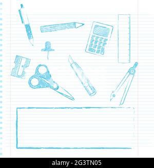 Set of school supplies drawn in a notebook background. Copy space. Stock Vector