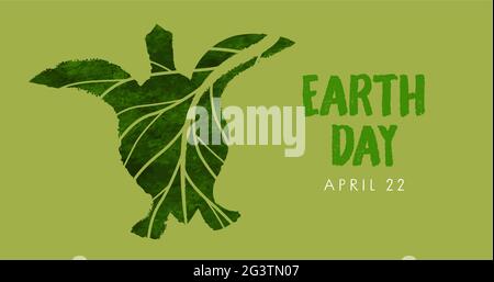 Earth Day web banner illustration for april 22 holiday event. Green watercolor sea turtle made of leaf shape, environment care concept. Stock Vector