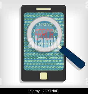 Magnifying glass showing error code on smartphone Stock Vector