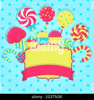 Card types with various sweets, lollipop, ice cream. Labels to enter text. Copy space. Stock Vector