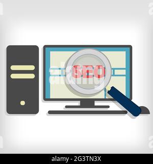 Magnifying glass focusing on the word 'seo' representing the optimization of websites in a pc Stock Vector