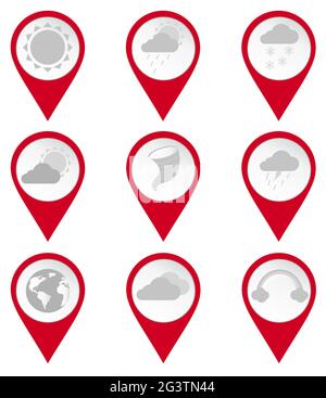 Map pin icons of climates: cloudy, sunny, storm, rain, snow, rainbow. White background. Stock Vector