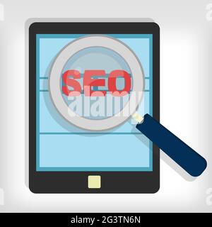 Magnifying glass focusing on the word "seo" representing the optimization of websites in a tablet Stock Vector