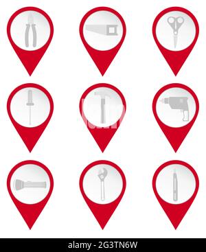 Map pin icons of tools: pliers, saw, flashlight, screwdriver, wrench, hammer, stiletto, drill, scissors. White background. Stock Vector