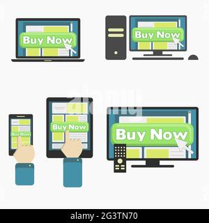 Button "Buy Now" in different media device: smartphone, tablet, pc, laptop, smart tv. Different ways to buy online. Stock Vector