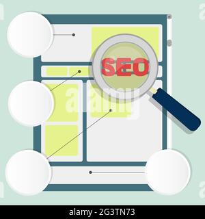 Optimization of the structure of the website. Magnifying glass focusing on the word 'seo'. Three circles with white copy space to insert text or image Stock Vector