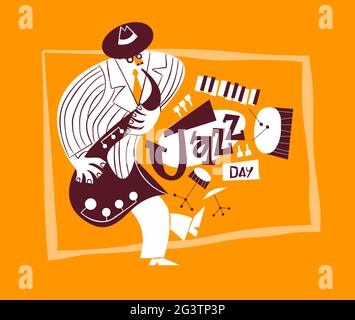 Jazz Day greeting card illustration of hand drawn cartoon man playing saxophone. Retro mid century band instruments and funny musician character for a Stock Vector