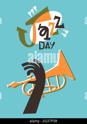 April 30 Jazz Day greeting card illustration of funny trumpet music instrument player in retro mid century cartoon style. Stock Vector