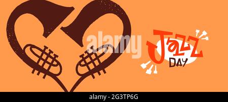 Jazz Day banner illustration of trumpet instrument making heart shape. Retro cartoon band instruments love concept for april 30 holiday event. Stock Vector