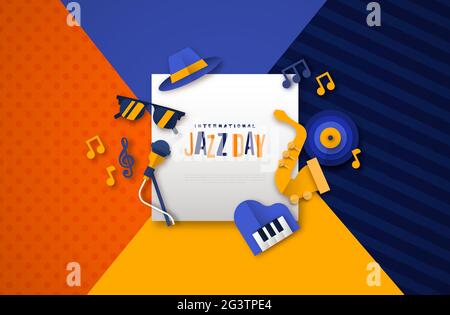 April 30 Jazz Day web template illustration of 3D paper cut musical band instruments. Includes saxophone, piano and music notes in colorful papercut s Stock Vector