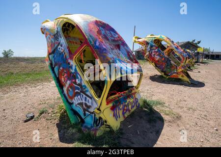 Conway, Texas - May 6, 2021: The famous VW Slug Bug Ranch, along historic Route 66 Stock Photo