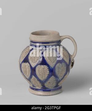 Can. Can be from stoneware. The bullet-shaped belly is strewn with leaf-shaped fields placed in 3 rows, in which relief printed, corrupted winged insects, uncolored on the blue fond. Stock Photo