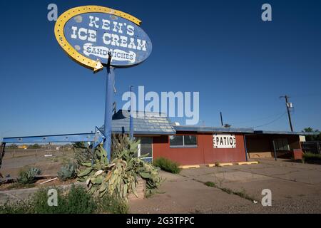 Tucamcari, New Mexico - May 6, 2021: Sign Kens Ice Cream Sandwiches restaurant along Route 66, now abandoned Stock Photo