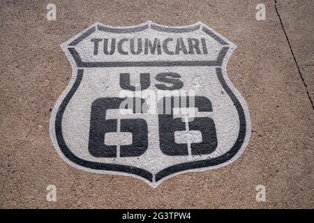 Tucamcari, New Mexico - May 6, 2021: Sign for Tucamcari - US Route 66, the famous road and highway across America Stock Photo