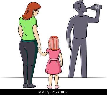 Cartoon vector illustration of a mom holding child's hand with alcoholic father's shadow Stock Vector