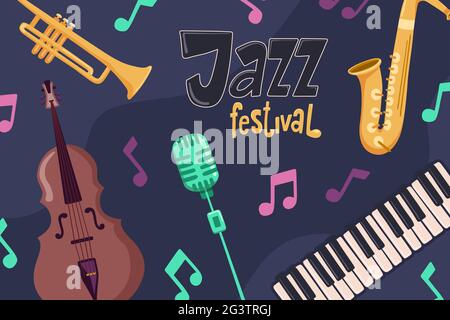 Jazz festival event illustration of colorful cartoon music instruments with musical note symbols. Live concert concept includes piano, sacophone and t Stock Vector