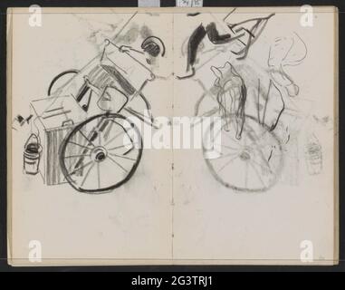 Cart. A bucket hangs on the cart. Also some studies. Leaf 9 verso and 10 recto from a sketchbook with 41 sheets. Stock Photo