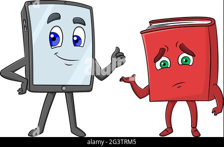 Cartoon vector illustration of an electronic tablet character and sad old red book character Stock Vector