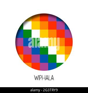 Indigenous wiphala nation flag circle cutout of traditional native people emblem in south america. Colorful rainbow paper cut design for bolivia aymar Stock Vector