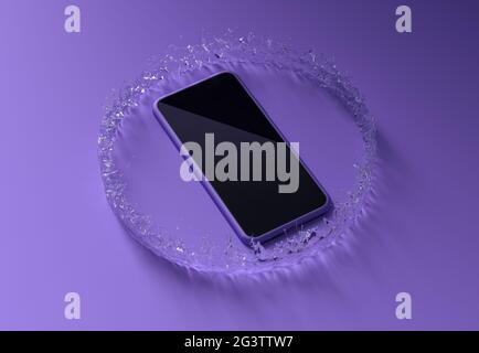 Abstract 3d rendering of water ring splash around smartphone template on purple desk. Stock Photo