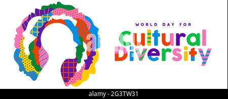 World Day for Cultural Diversity web banner illustration of colorful diverse people faces together. Man and woman culture identity concept. Social hol Stock Vector