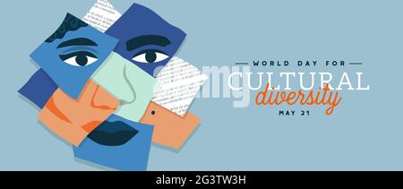 World Day for Cultural Diversity web banner illustration of diverse people faces paper collage. Man and woman culture identity concept. Social holiday Stock Vector