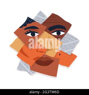 Diverse people faces together in paper clippings cutout collage. Ethnic mix illustration on isolated white background for social identity or diversity Stock Vector