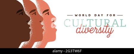 World Day for Cultural Diversity web banner illustration of diverse ethnic race people faces together. Man and woman culture identity concept. Social Stock Vector