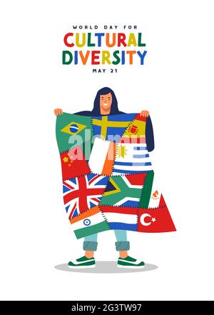 World Day for Cultural Diversity greeting card illustration of happy woman character holding diverse international country flags together. Global comm