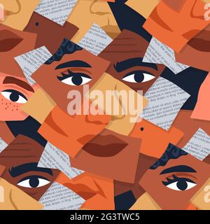 Diverse people faces made of paper cut collage, flat seamless pattern illustration. Ethnic social group mix concept or immigrant identity cartoon back Stock Vector