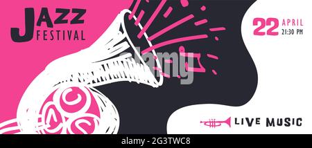 Jazz music web banner illustration of funny saxophone instrument hand drawn doodle. Musical concert event template for night club or festival party. Stock Vector