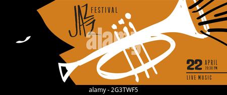 Jazz music web banner illustration of funny cartoon man playing trumpet instrument. Musical concert event template for night club or festival party. Stock Vector