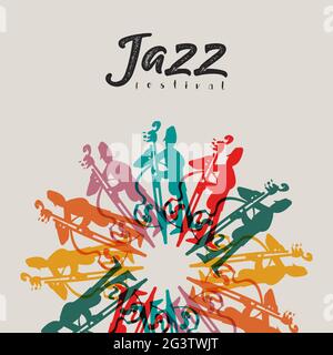 Jazz Festival poster illustration template. Colorful cello instrument player doodles for live concert event or musical party. Stock Vector