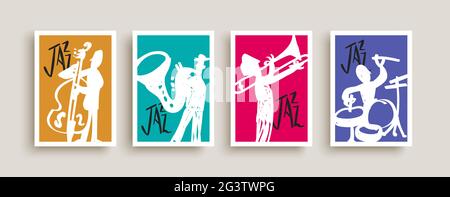 Jazz band members poster illustration set of colorful doodle cartoon music characters. Includes piano, saxophone, trumpet player men. Stock Vector